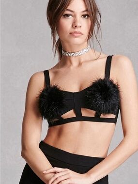 Kikiriki Black Feather Cutout Crop Top Bralette S